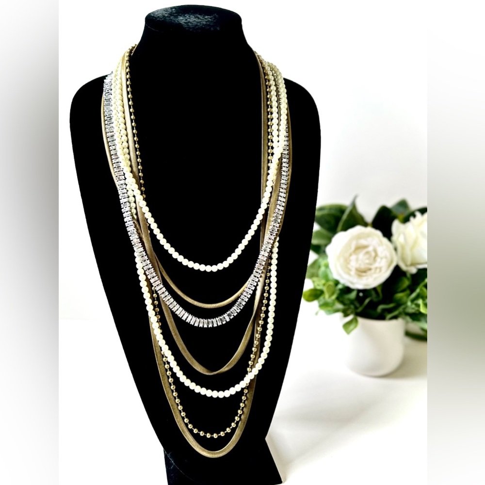CHICO’s Lux Brass, Pearl & Channel-set Crystal Layered Statement Necklace NWT - Picture 7 of 9